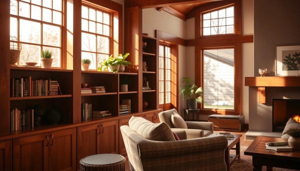 mission style interiors with built-in shelving