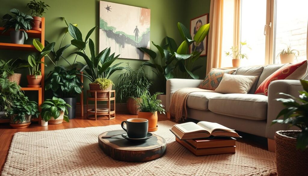 cozy interior design with indoor plants